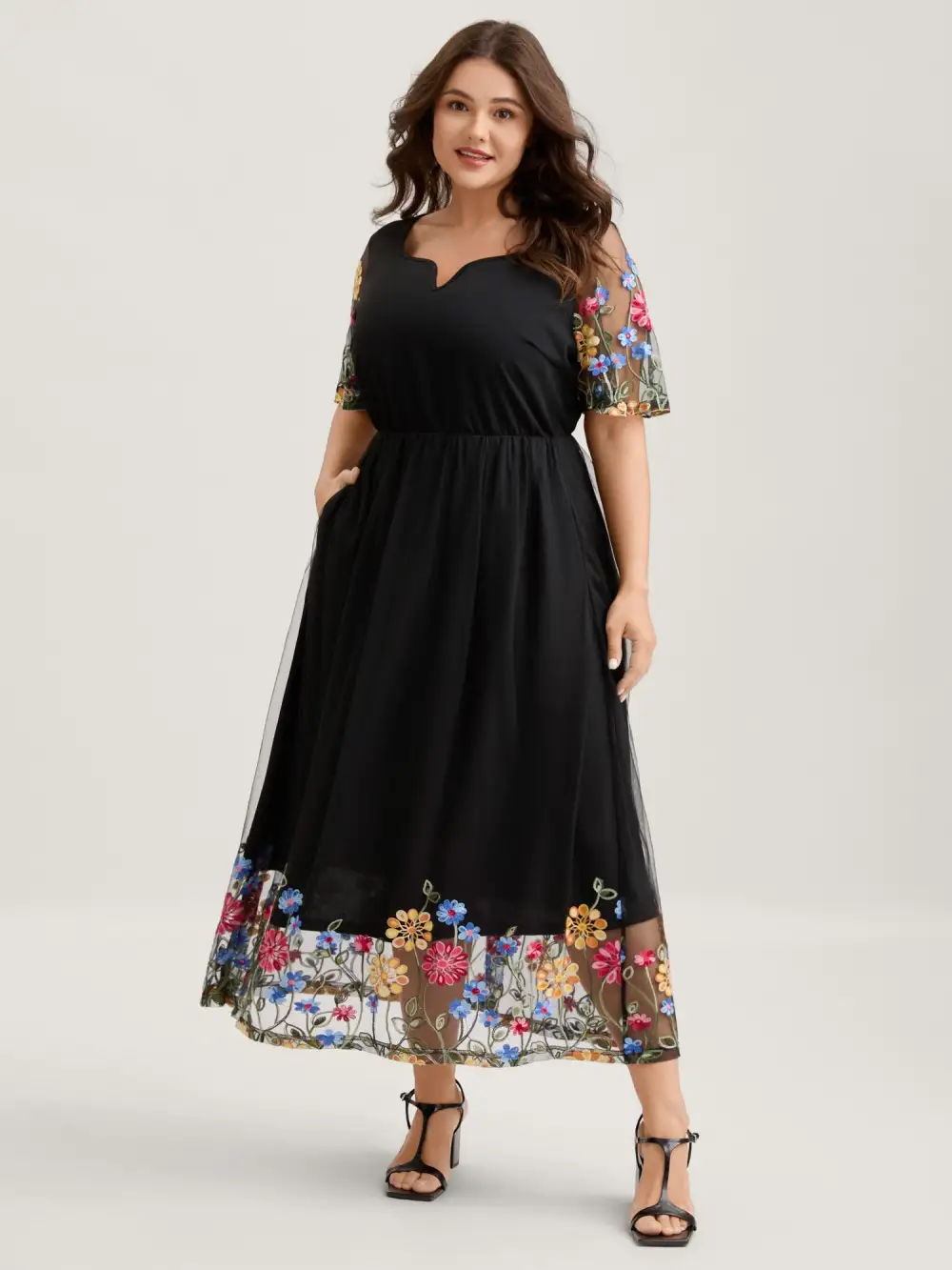 Colorful Floral Sheer Sleeve Cinched Midi Dress