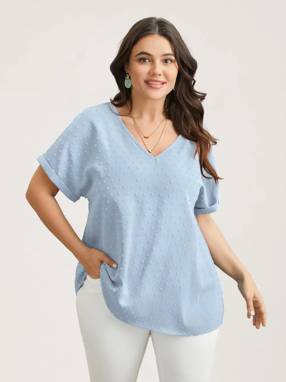 Back-Button Textured V-Neck Shirt