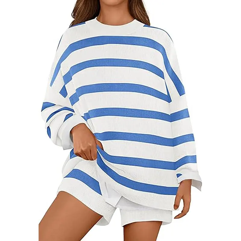 Women's 2 Piece Sweater Lounge Sets Striped Long Sleeve Shorts Oversized Matching Outfits