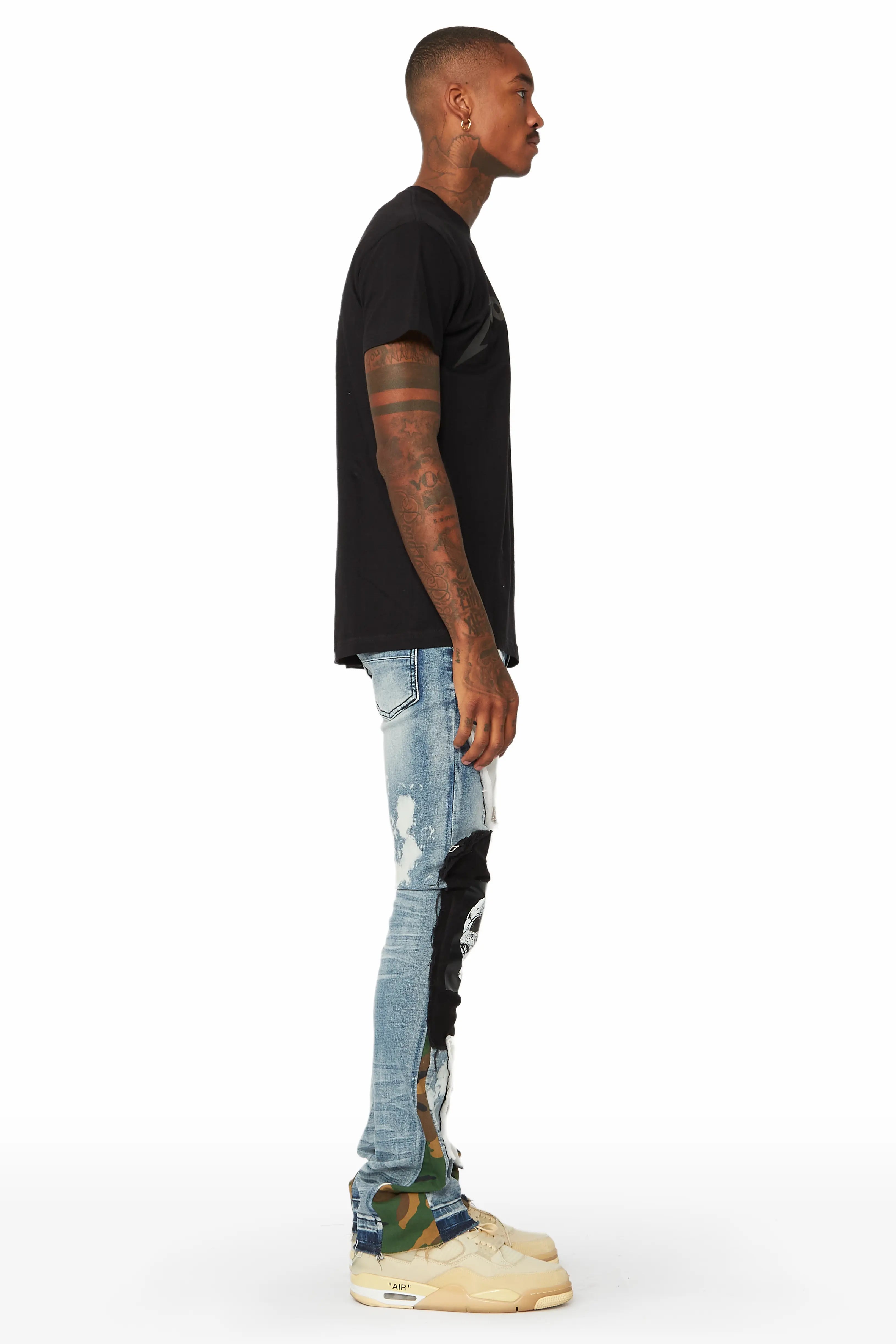 Soren Blue/Camo Stacked Patchwork Flare Jean