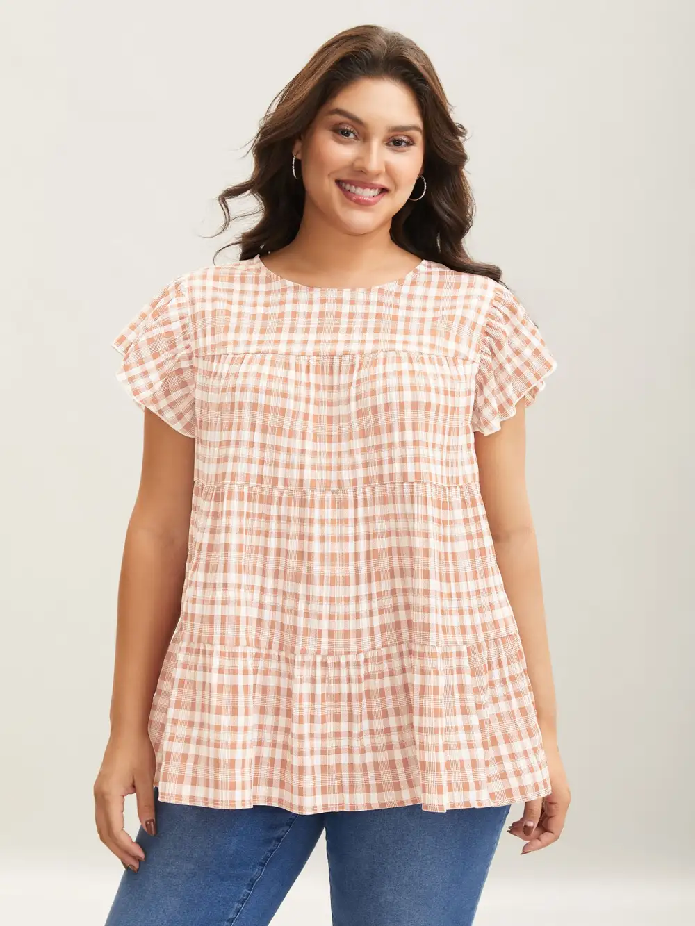 Plaid Print Textured Lotus Leaf Sleeve Shirt