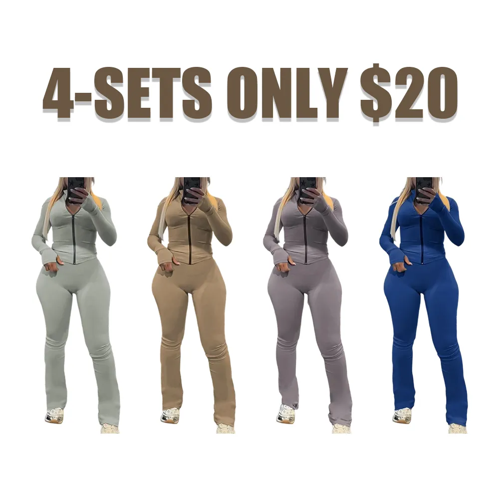 Two-piece Set Women's Solid Zip Up Crop Top & High Waist Skinny Pants