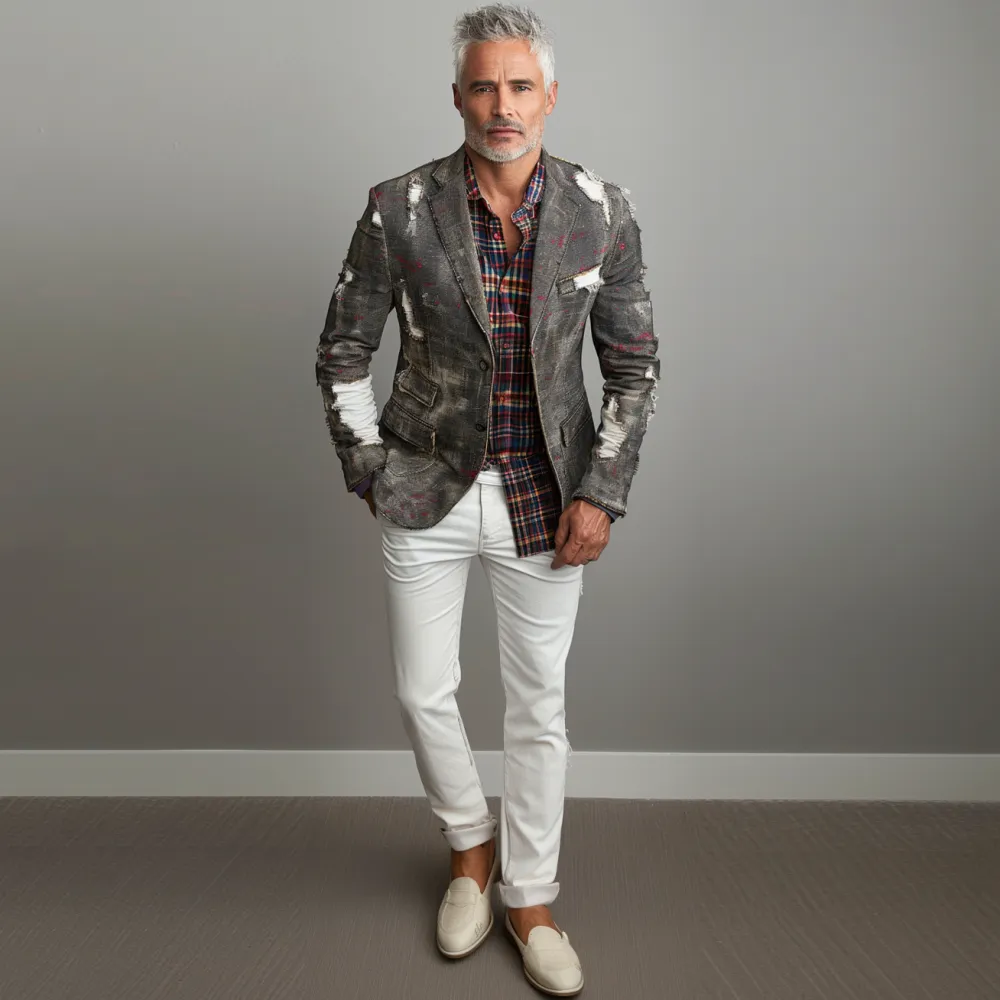 Men's Ripped Denim Splash-ink Notched Lapel Two Button Blazer