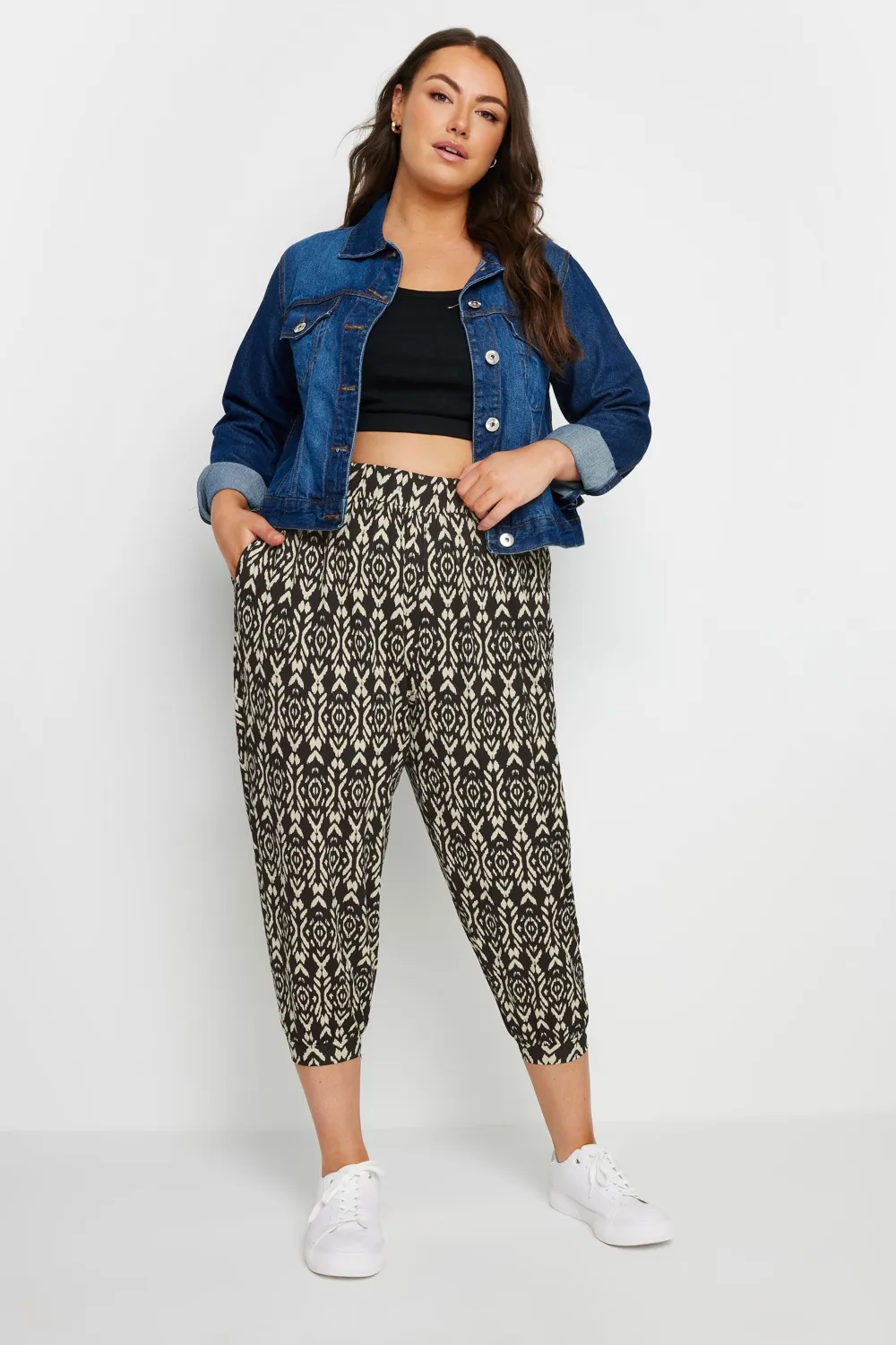 YOURS Curve Black Geometric Print Textured Cropped Harem Trousers