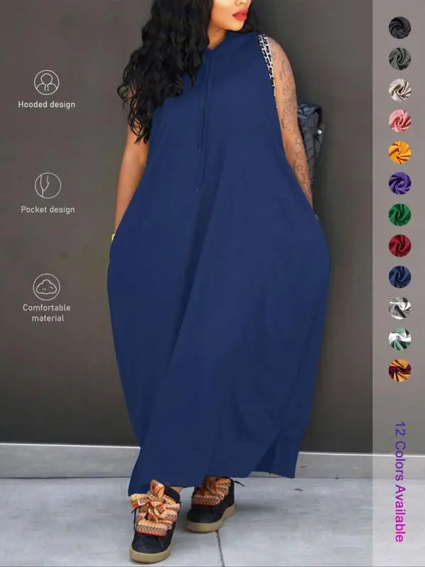 Women's Hooded Tank Maxi Dress – Sleeveless, Drawstring Waist, Pockets, Casual Summer Style