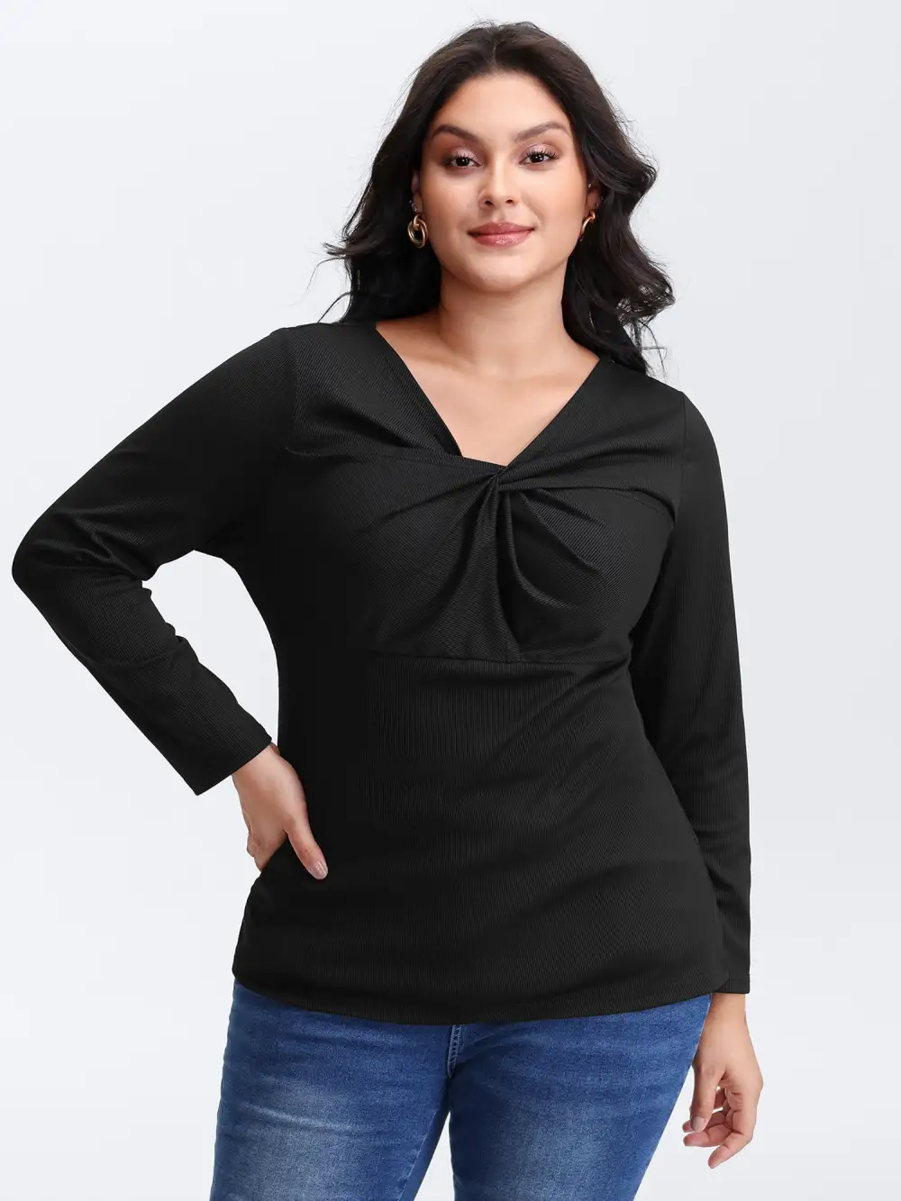 Stretchy Knotted Neckline Cozy Knit Top