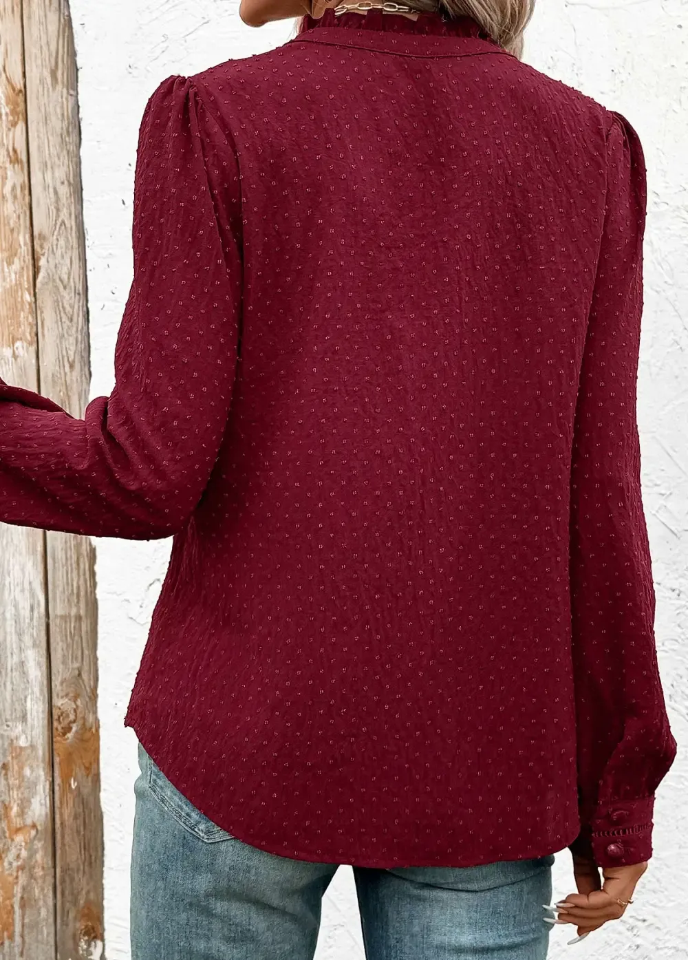 Wine Red Tummy Coverage Long Sleeve V Neck Shirt