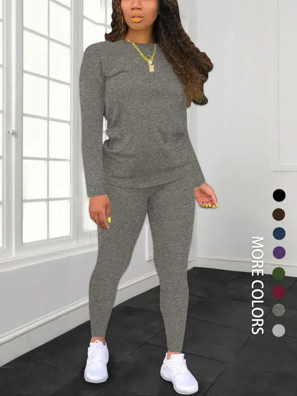 Women's Solid Long Sleeve Top & Pants Set – Minimalist, Casual, Comfy Outfit for Daily Wear.