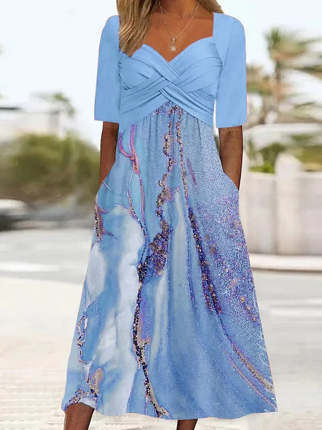 Women's Casual Dress Summer Dress Print Dress Ombre Marble Print Pocket Twist V Neck Midi Dress Active Fashion Outdoor Daily Short Sleeve Regular Fit Pink Blue Summer Spring S M L XL XXL