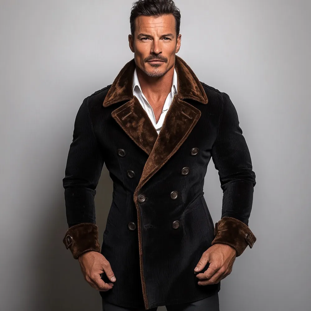 Men's Corduroy Lapel Collar Double Breasted Jacket