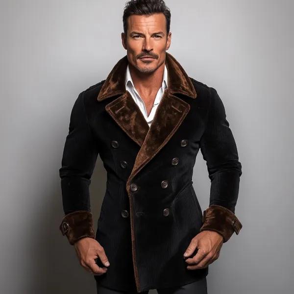 Men's Corduroy Lapel Collar Double Breasted Jacket