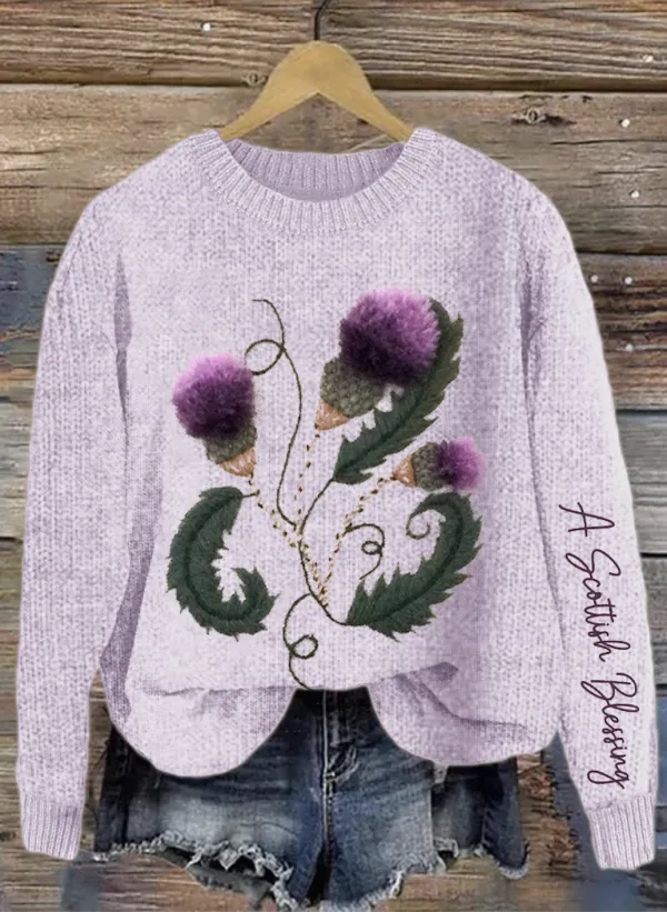Scottish purple floral round neck sweater