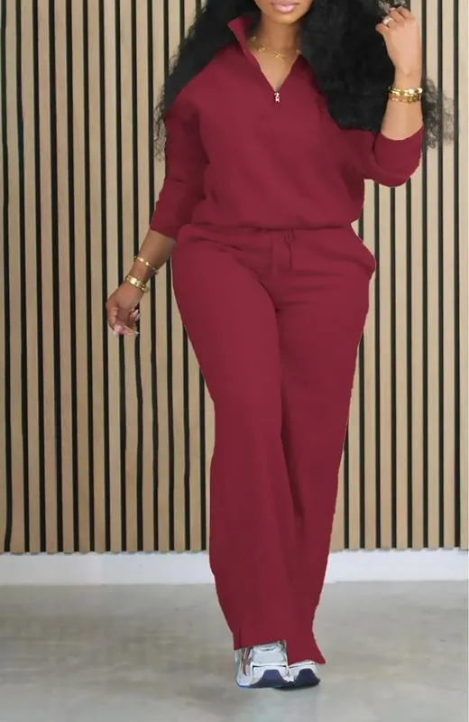 Women's Solid Half Placket Split Hem Pants Set