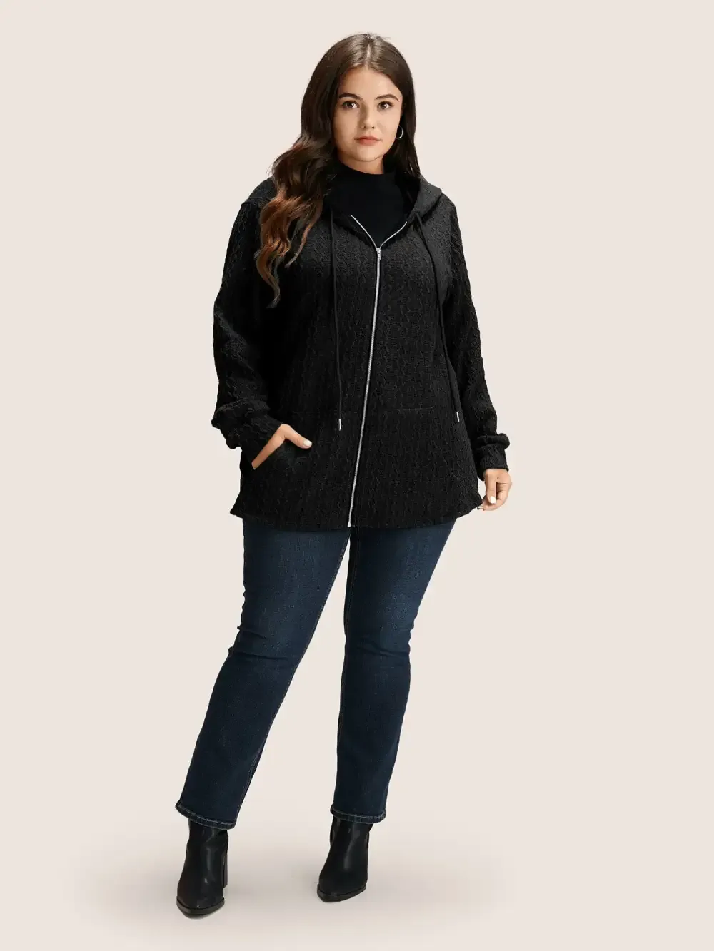 Plain Textured Zipper Hooded Sweatshirt