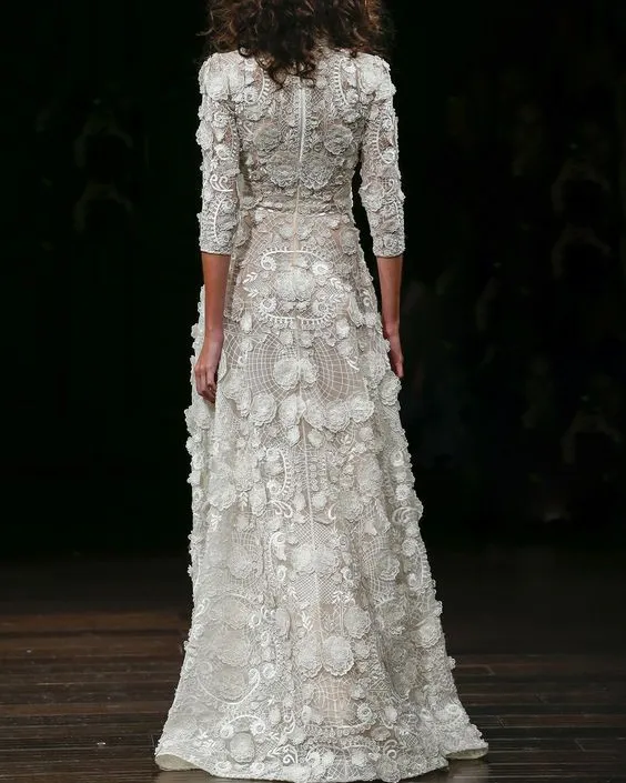 White 3D embroidered lace V-neck maxi dress