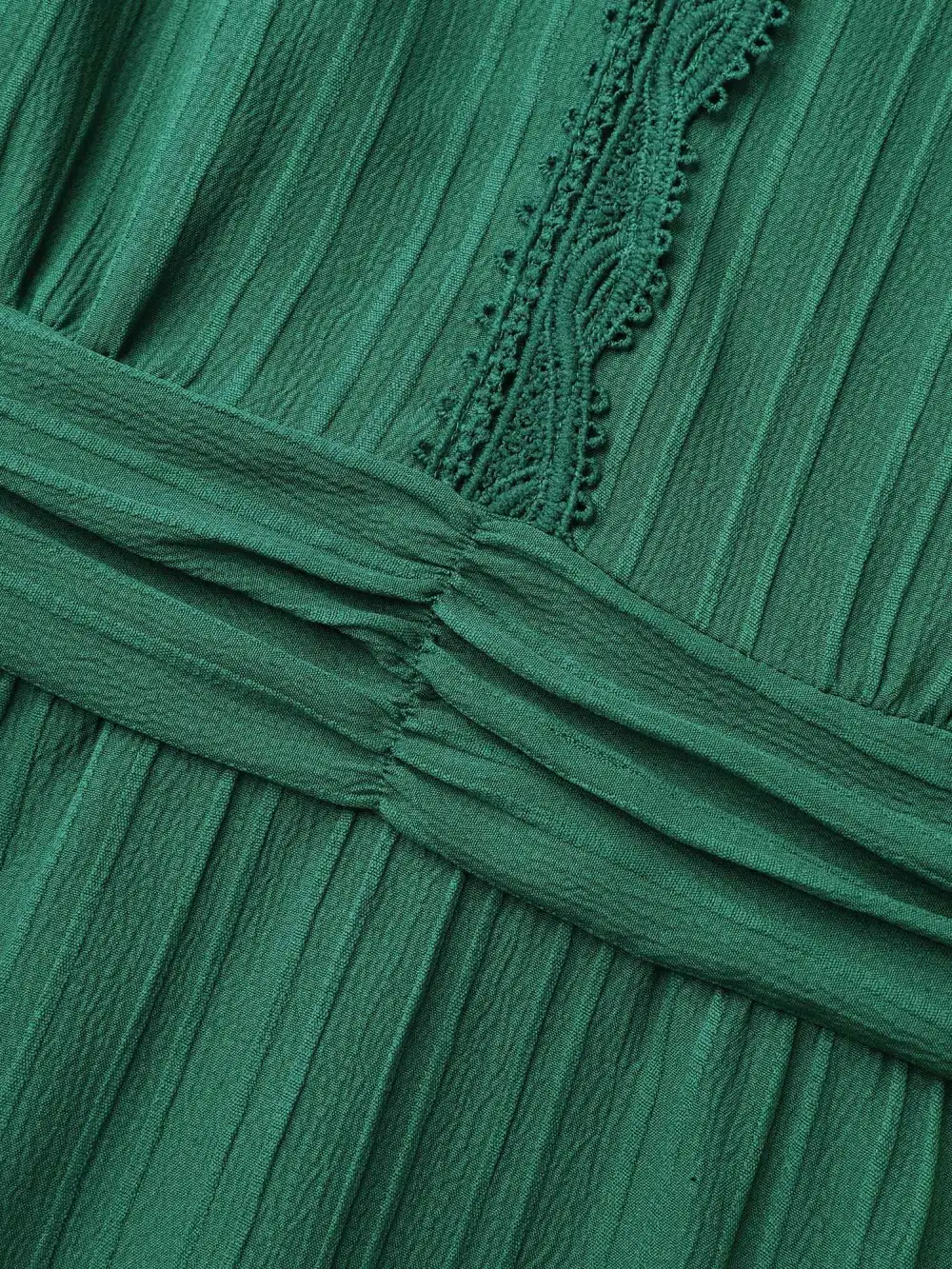 Lace Trim Stitch Textured Waist-Defined Midi Dress