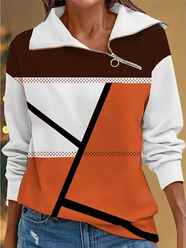 Women's Sweatshirt Pullover Sports Basic Quarter Zip Red Purple Orange Color Block Street Casual V Neck Long Sleeve Top Micro-elastic Fall & Winter