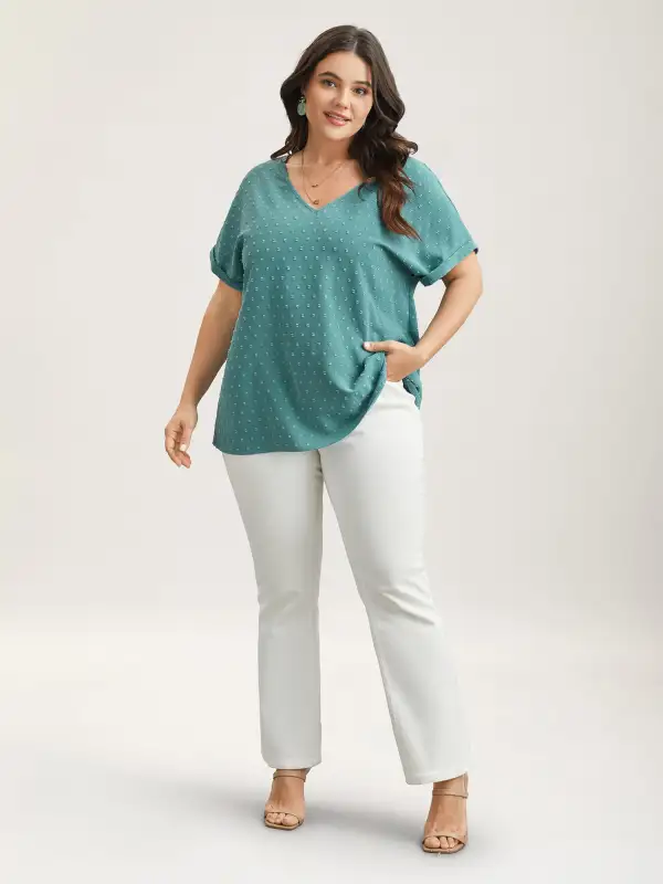 Back-Button Textured V-Neck Shirt