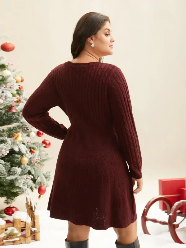 Cable Knit Fit-And-Flare Midi Sweater Dress