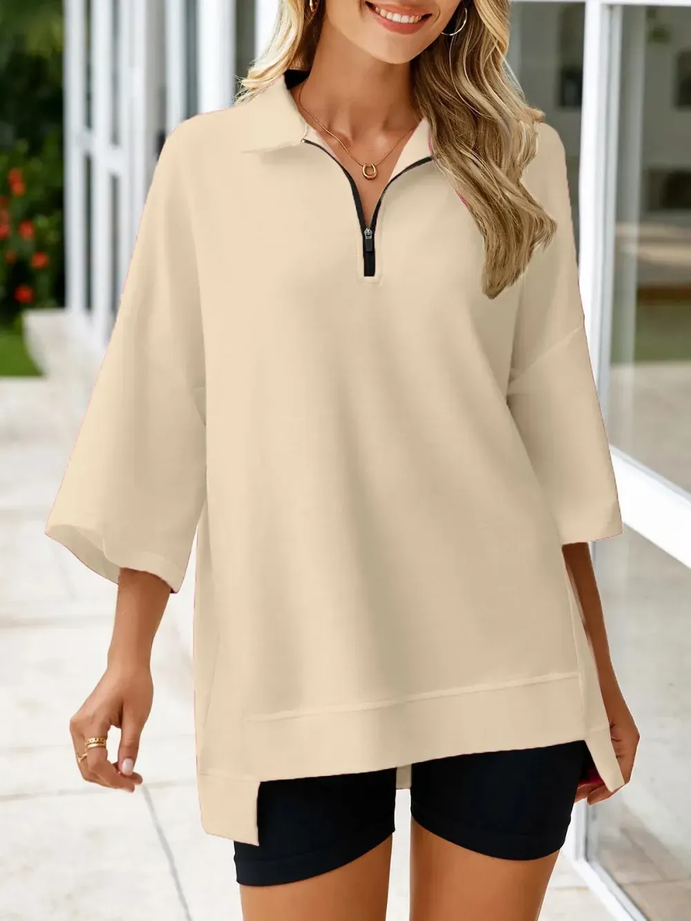 Women's Oversized 3/4 Sleeve Zipper Pullover
