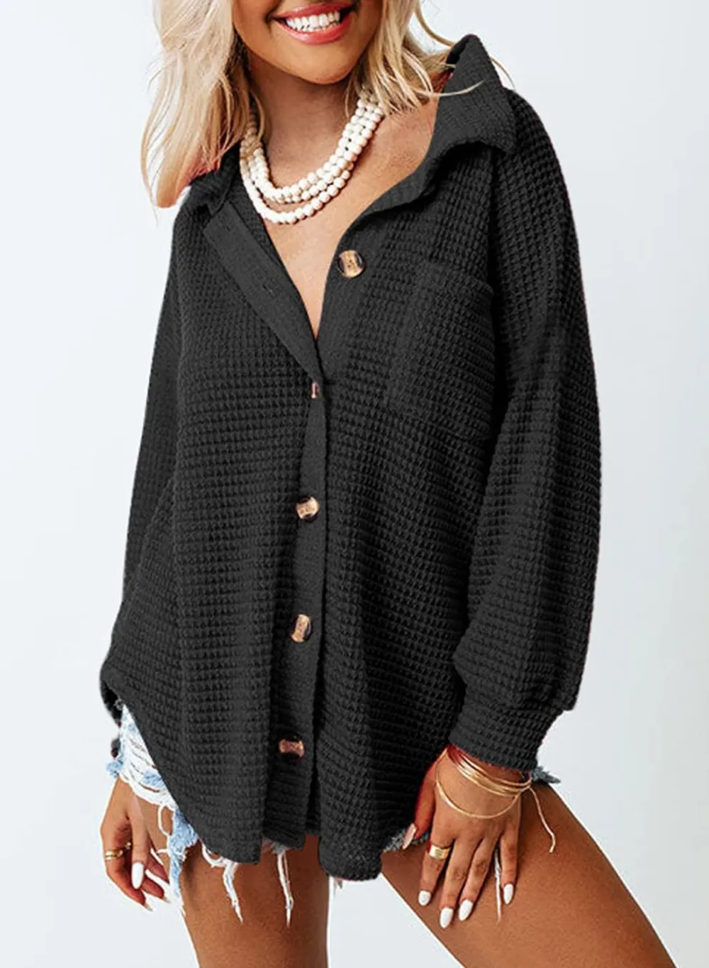 Womens Waffle Knit Button Down Shirts Casual Long Sleeve Shacket Jacket Boyfriend Tops Blouses Loose Fit