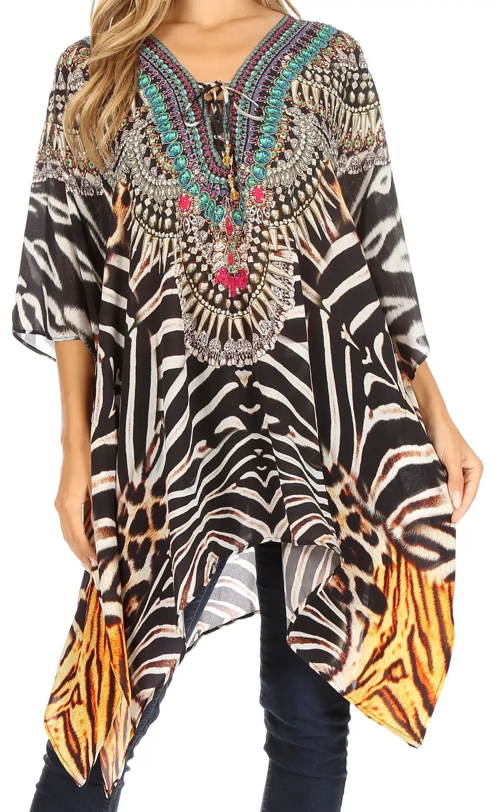 Women's Caftan Poncho Cover up V neck Top Lace up With Rhinestone