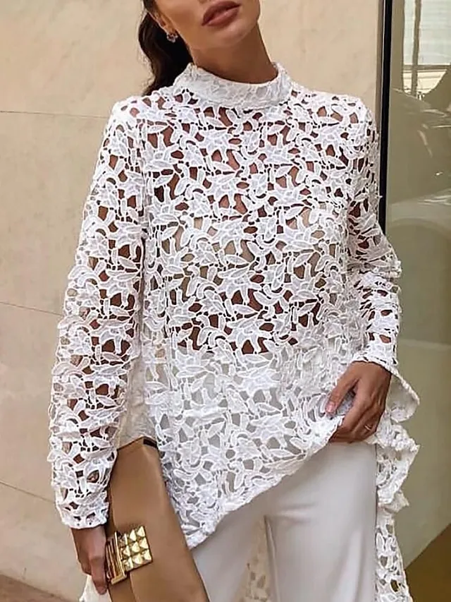 Women's Shirt Blouse Tunic Black White Yellow Plain Lace See Through Long Sleeve Casual Going out Elegant Round Neck Long Slim S