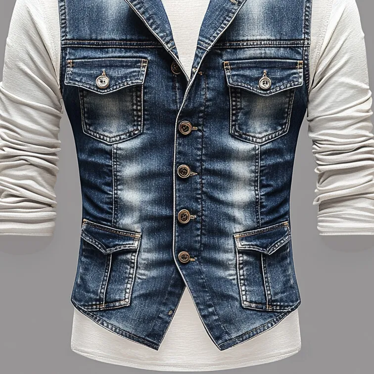 Men's Shirt Collar Single Breasted Pocket Denim Vest