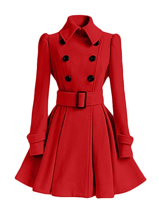 Women's Winter Coat Long Overcoat with Belt Christmas Party Xmas Wear Dress Coat Warm Double Breasted Pea Coat Fall Trench Coat Red Black Khaki Elegant Outerwear Casual Jacket