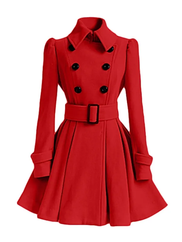 Women's Winter Coat Long Overcoat with Belt Christmas Party Xmas Wear Dress Coat Warm Double Breasted Pea Coat Fall Trench Coat Red Black Khaki Elegant Outerwear Casual Jacket