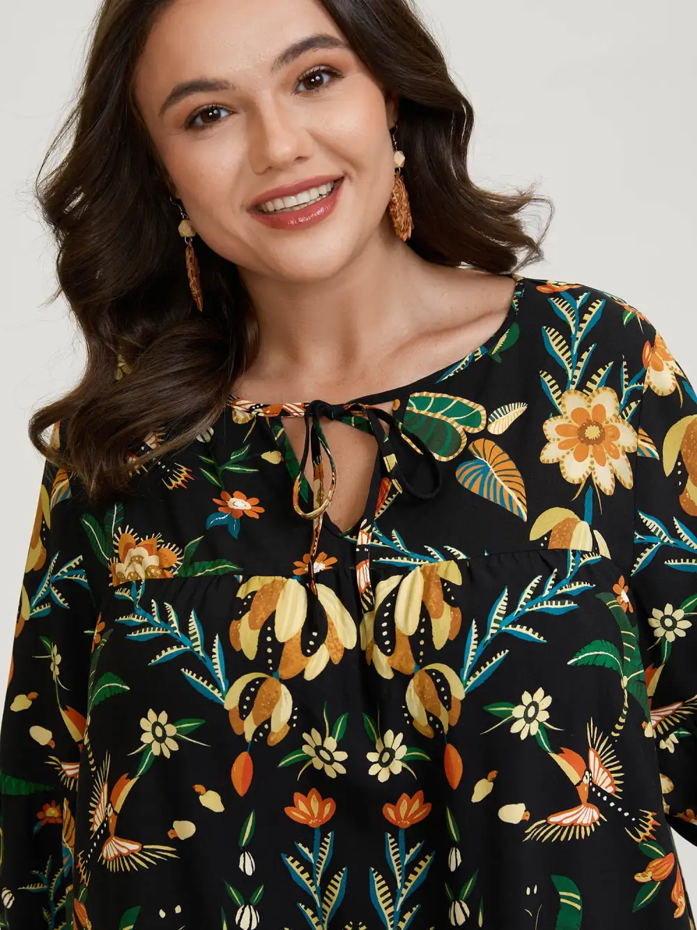 Rayon Boho Floral Neck Tie Blouse