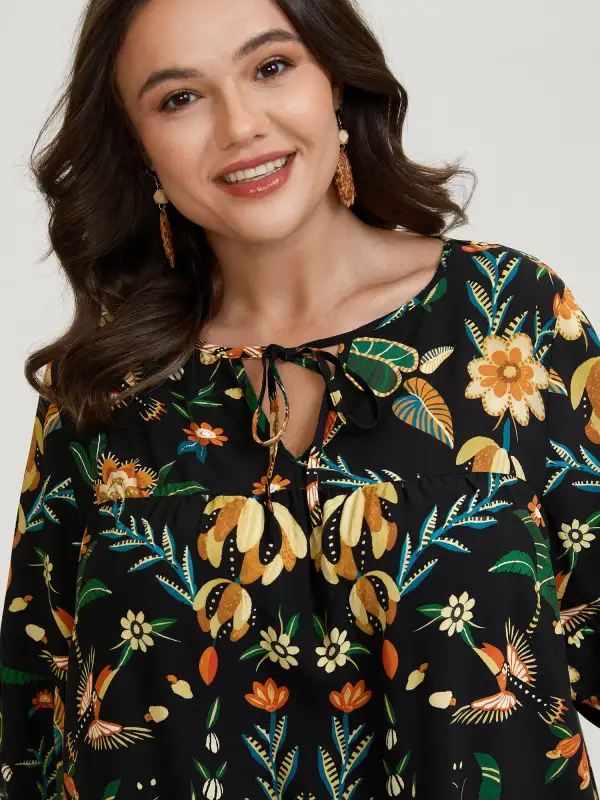 Rayon Boho Floral Neck Tie Blouse