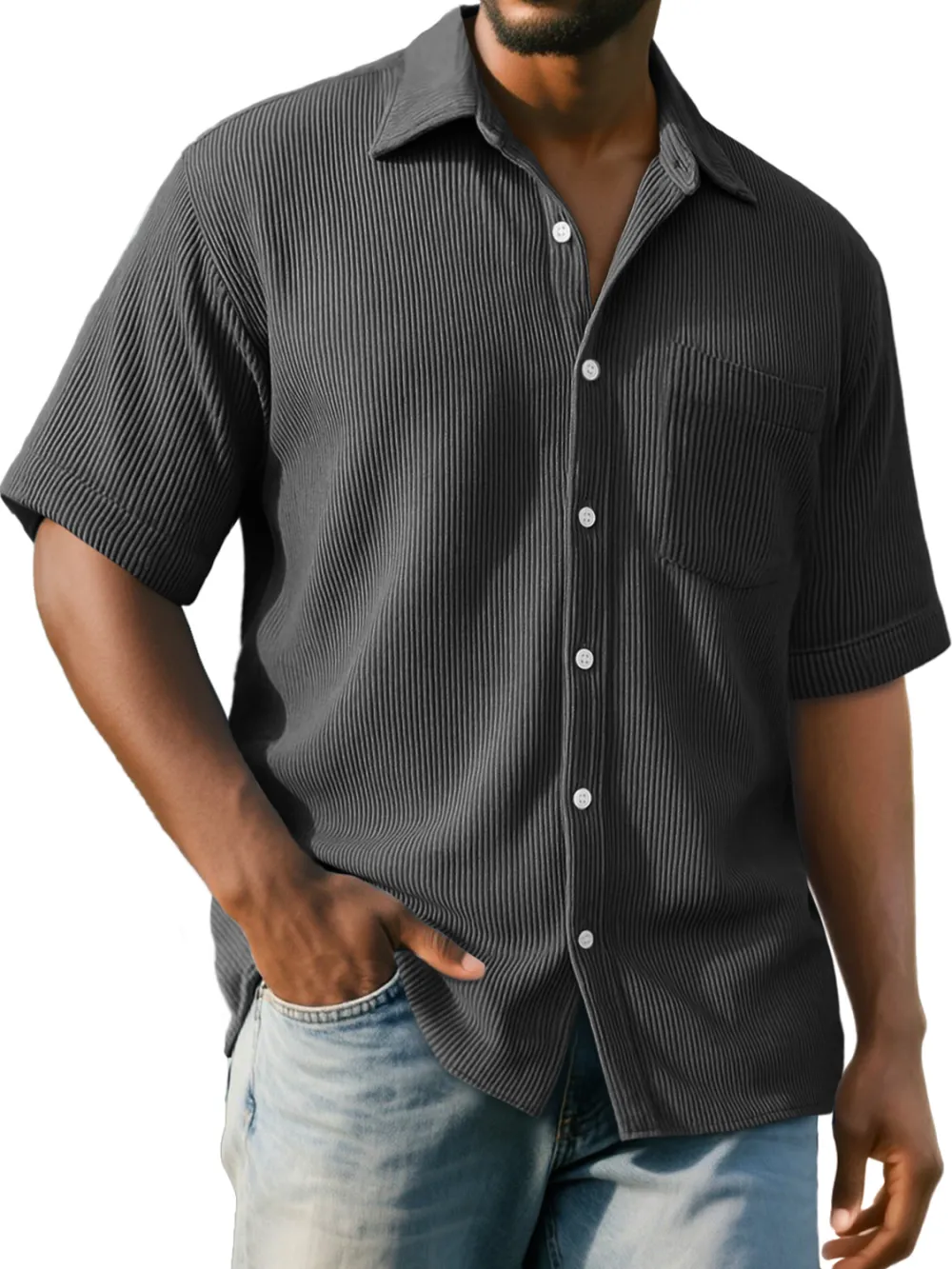 Men's Daily Ribbed Pocket Casual Comfort Solid Color Short Sleeve Shirt
