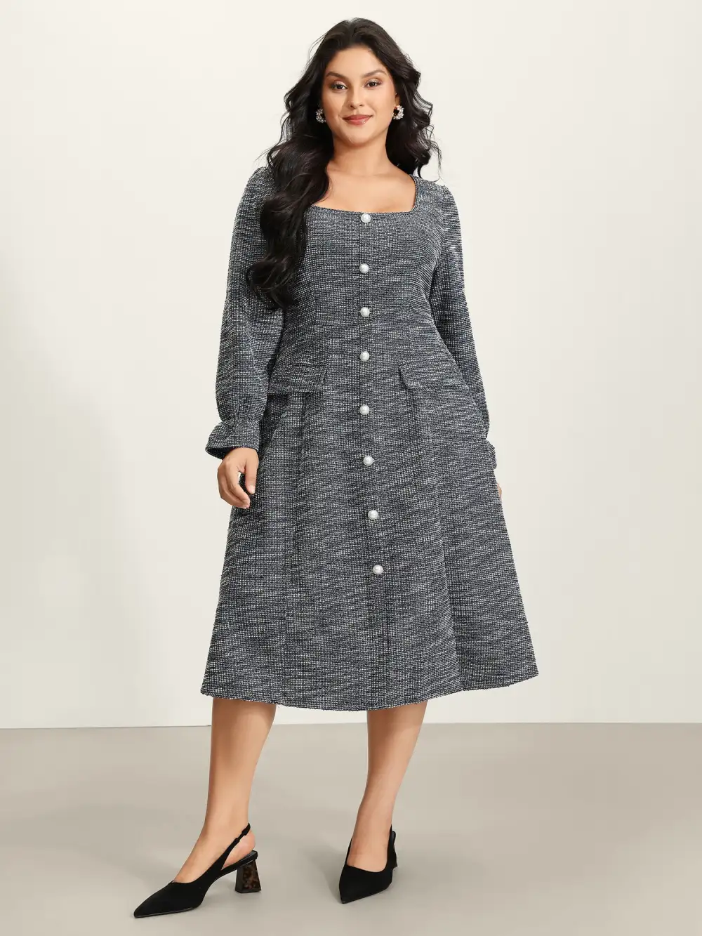 Tweed Knit Pearl Button Stretchy Midi Dress