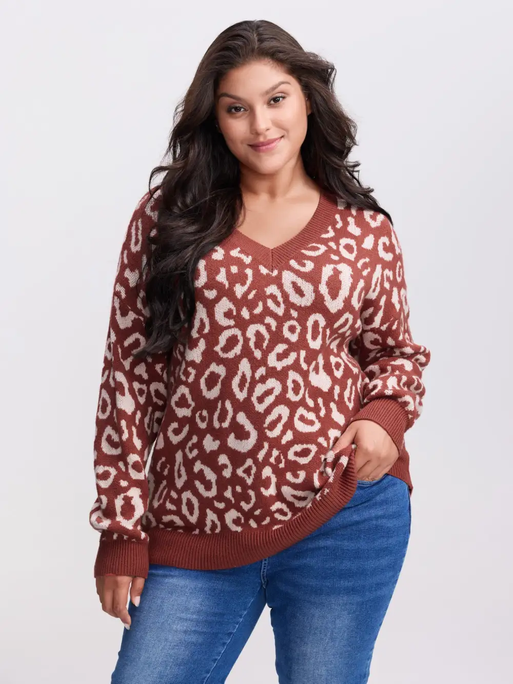 Leopard Print V-Neck Contrast Pullover