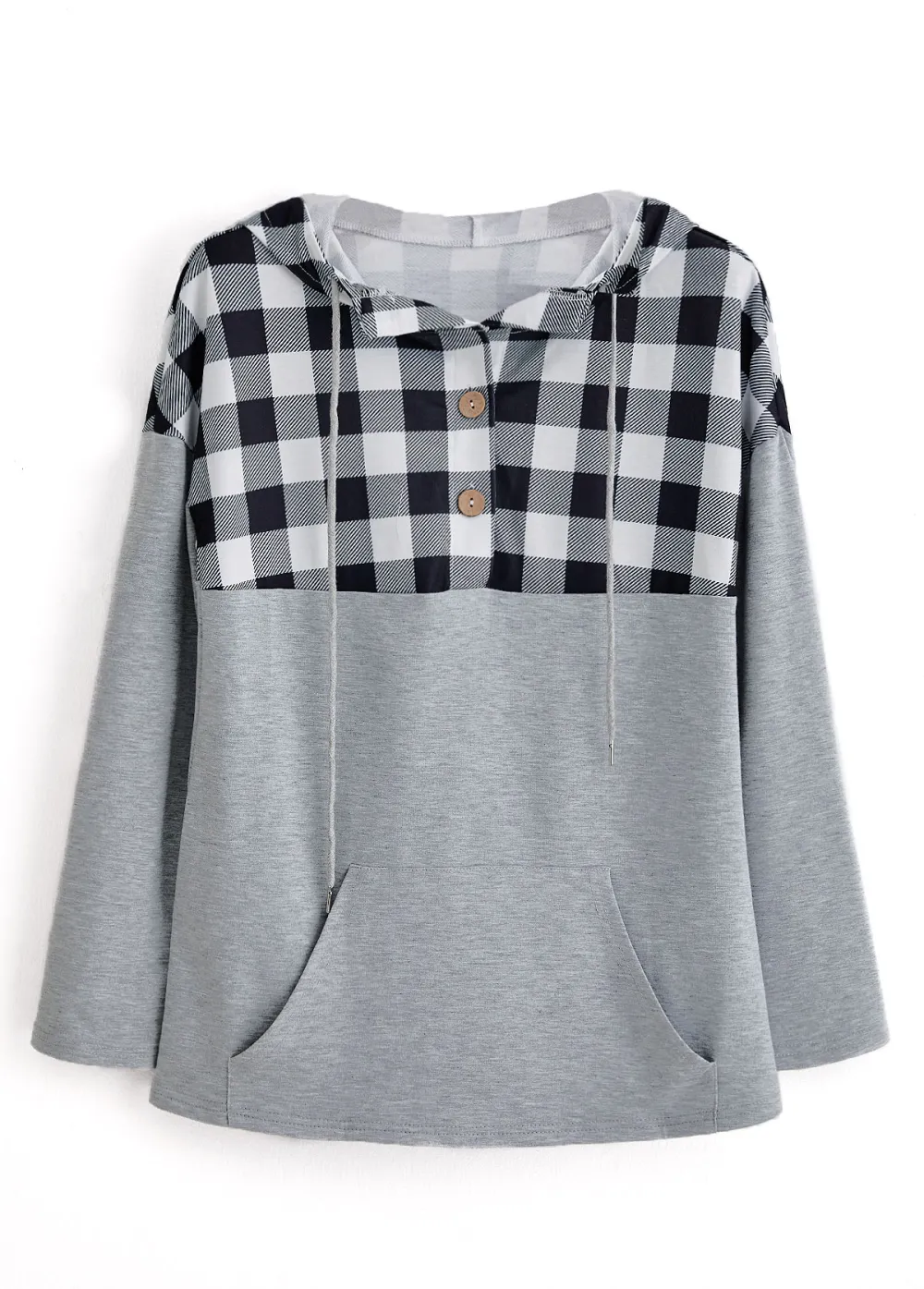 Light Grey Pocket Plaid Long Sleeve Hoodie