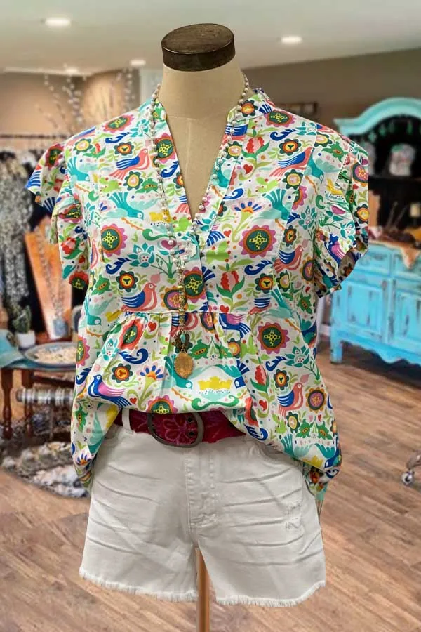 Multi Floral Print Ruffle Sleeve V-Neck Top