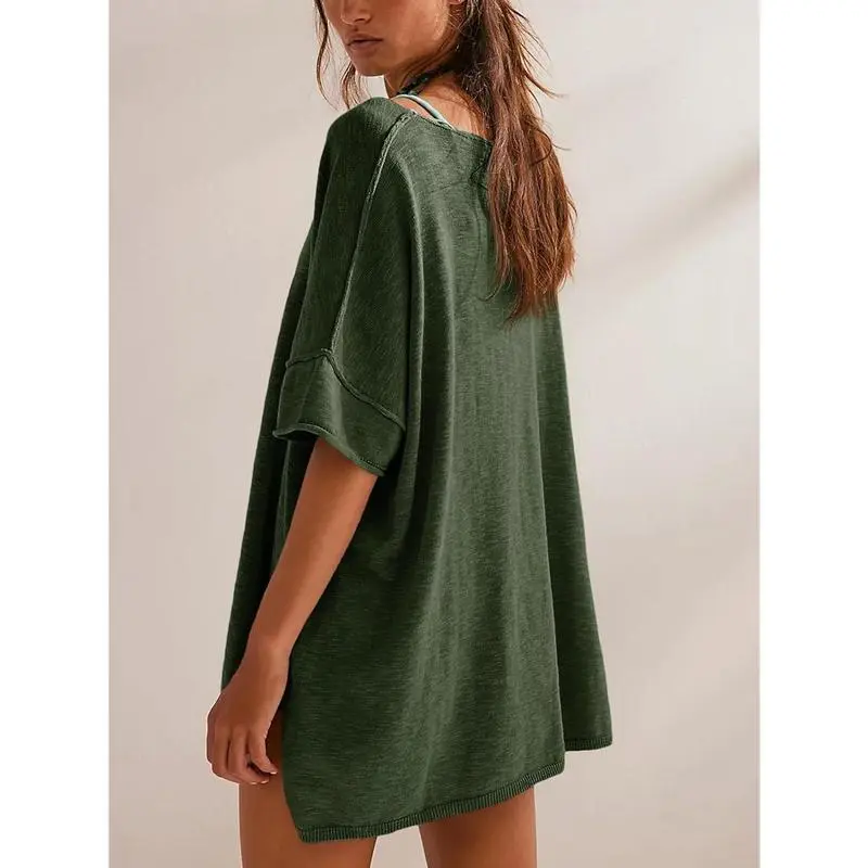 Women's Oversized Crew Neck Side Slit T-Shirt – Casual, Loose-Fit Summer Top