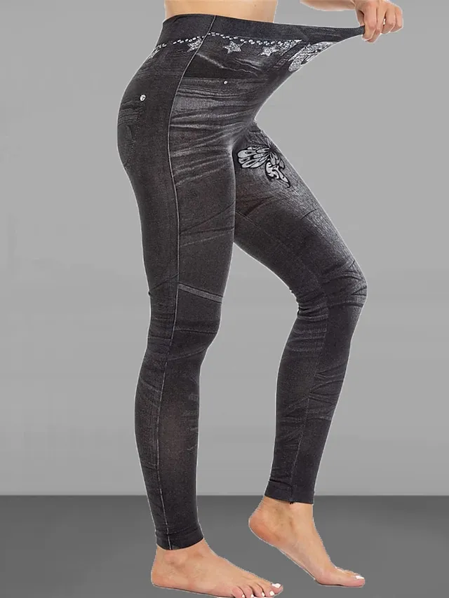 Women's Slim Pants Trousers Leggings Full Length Faux Denim Pocket High Cut High Elasticity High Waist Fashion Streetwear Street Causal Black Blue S M Summer Fall