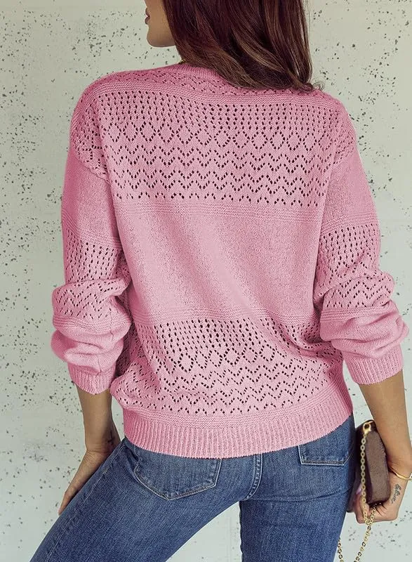 Womens Sweaters Casual Long Sleeve V Neck Lightweight Crochet Pullover Sweater Tops