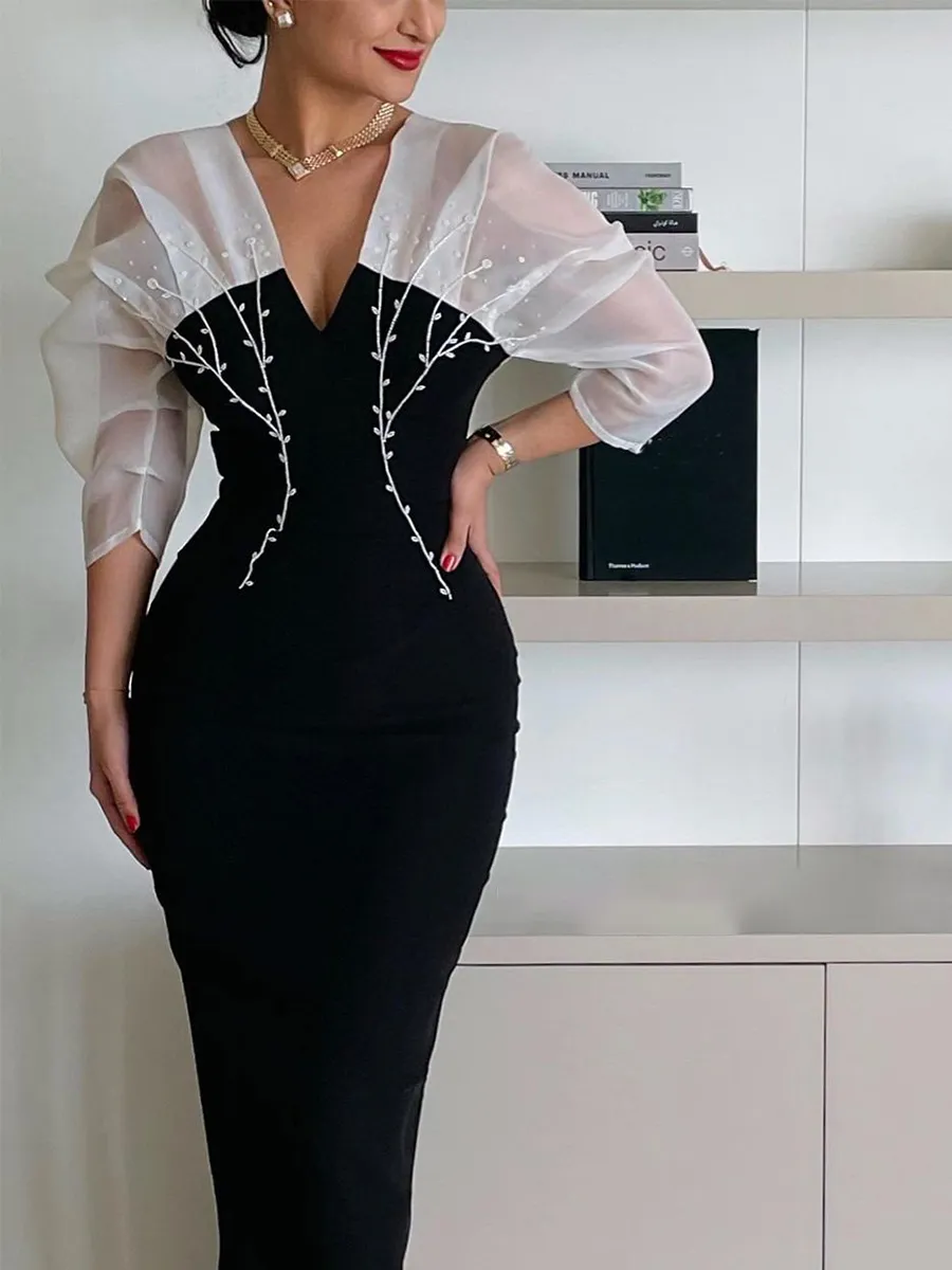 Ladies Elegant Embroidered Colorblock Fashion Dinner Party Festive Dress