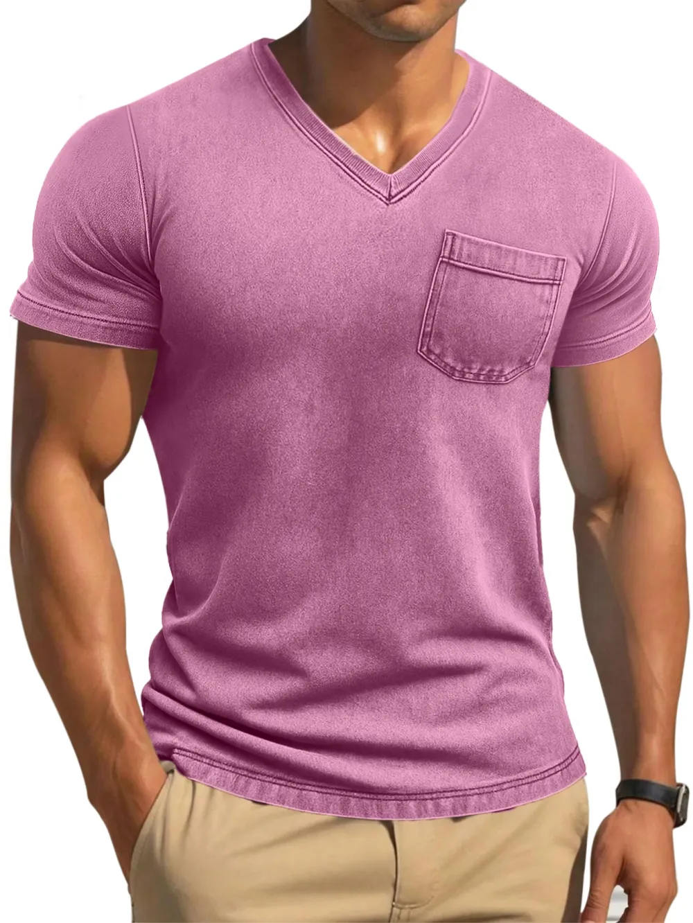 Men's Retro Solid Color Tight And Comfortable V-neck Short-sleeved T-shirt