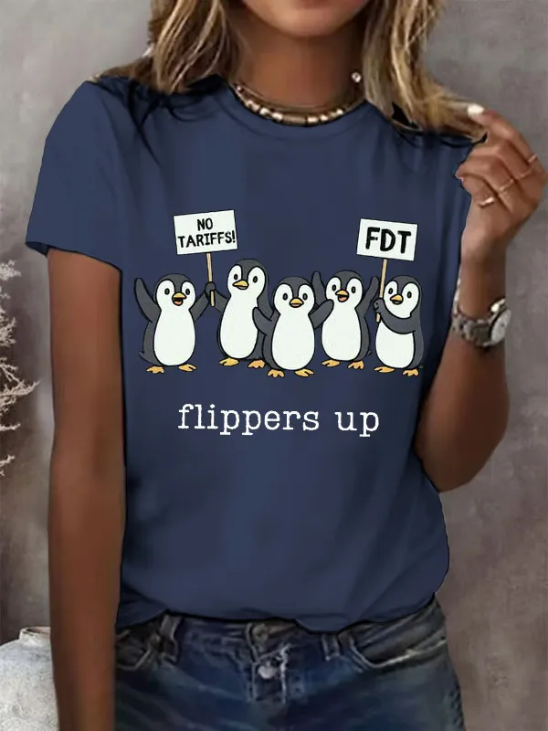 Women'S T-Shirt Women'S Penguins Flippers Up Print Round Neck T-Shirt Pure Cotton Round Collar