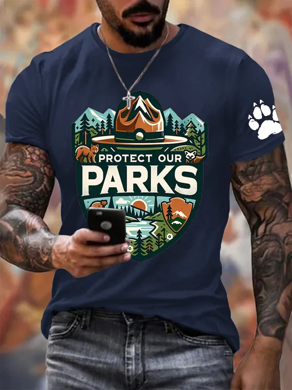 Men'S Protect Our National Parks Printed Round Neck T-Shirt