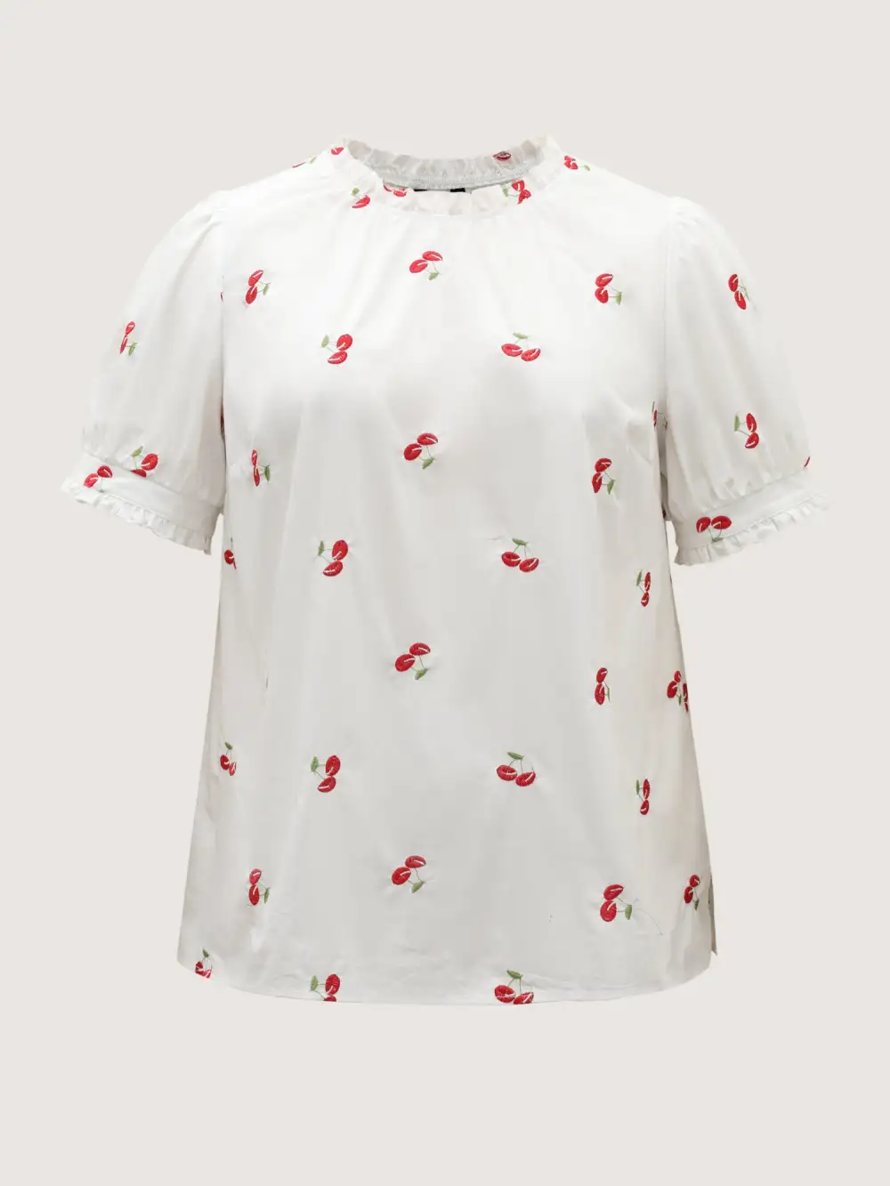 Cotton Cherry Embroidery Ruffled Neck Blouse