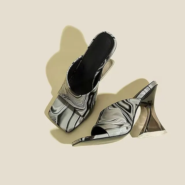 Women's Mules Daily Summer High Heel Open Toe Casual PU Leather Loafer Black Rainbow
