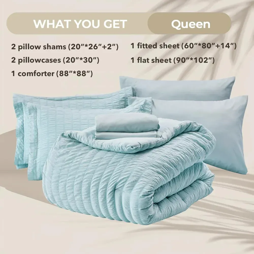 Queen Comforter Set Seersucker 7 Pieces, All Season Luxury Bed in a Bag for Bedroom, Bedding Set with Comforters, Sheets, Pillowcases & Shams, Dark Grey