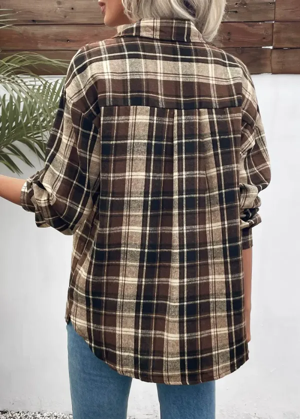 Dark Coffee Curved Hem Plaid Long Sleeve Shirt