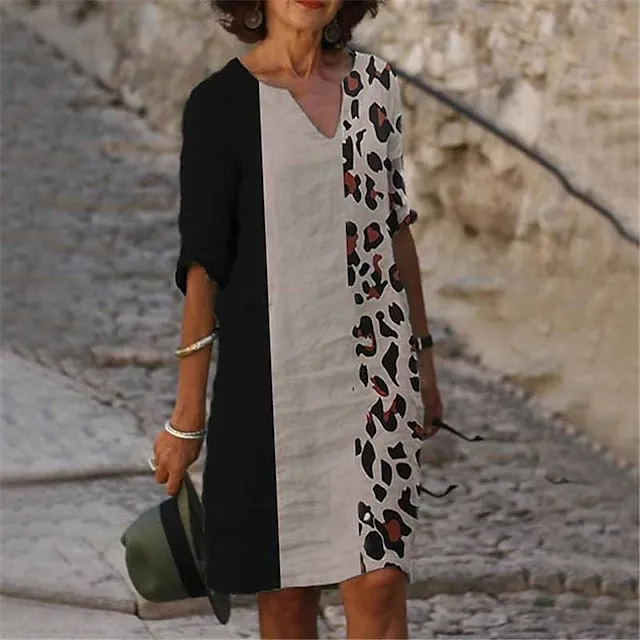 Women‘s Casual Dress Midi Dress Leopard Black White Half Sleeve Floral Print