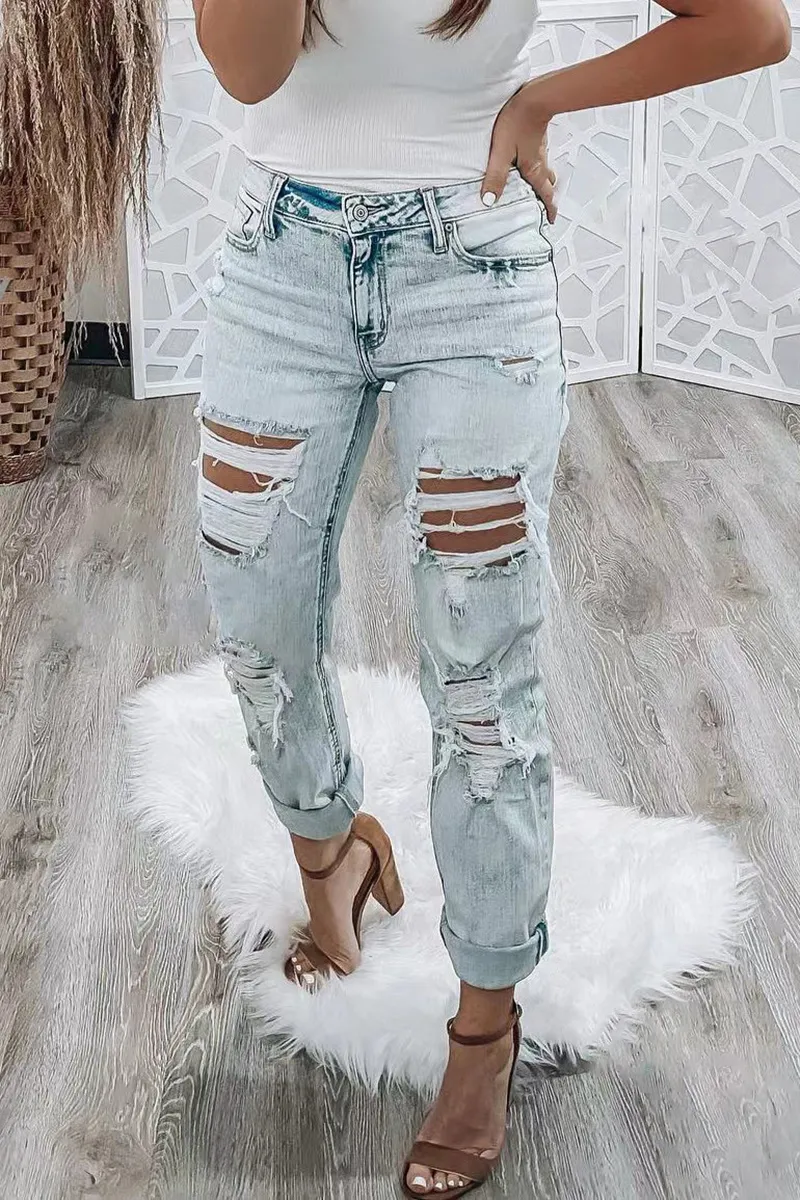 Ripped Low Waist Straight Leg Jeans